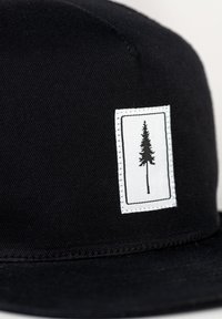 Gorra negra hecha de tejido texturizado que presenta un parche rectangular blanco con una silueta negra de un pino. Ajuste estándar, visera plana.