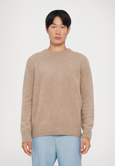 Pull en tricot beige avec un col rond et des poignets côtelés. Texture douce, coupe décontractée, porté avec un pantalon rayé bleu clair.