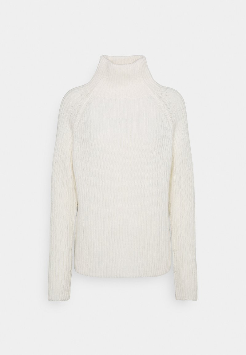 Pull en maille côtelée blanche à col roulé, avec des manches longues et un col haut, présentant un motif de tricot texturé et une coupe décontractée.