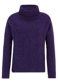 Pull à col roulé à manches longues de couleur violette, avec une texture douce et duveteuse, et des poignets et ourlet côtelés.