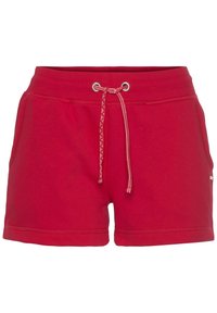 Red cotton shorts with an elastic waistband, adjustable drawstring, two side pockets, and stitching details.