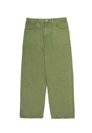 Zöld, oversize, pamut nadrág, magas derékkal, két elülső zsebbel és sima, texturált felülettel.