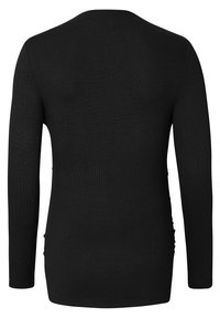 Top nero a maniche lunghe realizzato in tessuto a coste. Presenta un collo rotondo, una silhouette aderente e dettagli arricciati sui lati.
