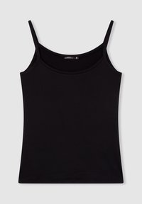 Canottiera nera realizzata in tessuto liscio, con spalline sottili e scollatura tonda. Design semplice e aderente, senza fantasie o accenti.