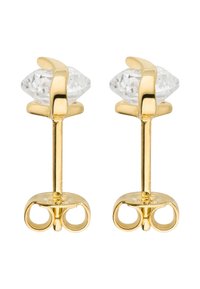 Goldfarbene Steckerohrringe mit klaren, facettierten Kristallsteinen im geschwungenen Krallen-Design, mit einer runden Rückseite und einem Steg.