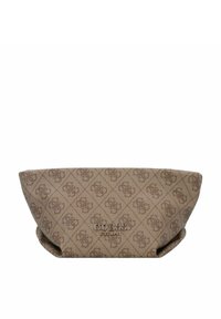 Borsa in tessuto marrone con motivo geometrico, logo impresso e forma strutturata con bordi arrotondati. Design minimalista senza accessori metallici.