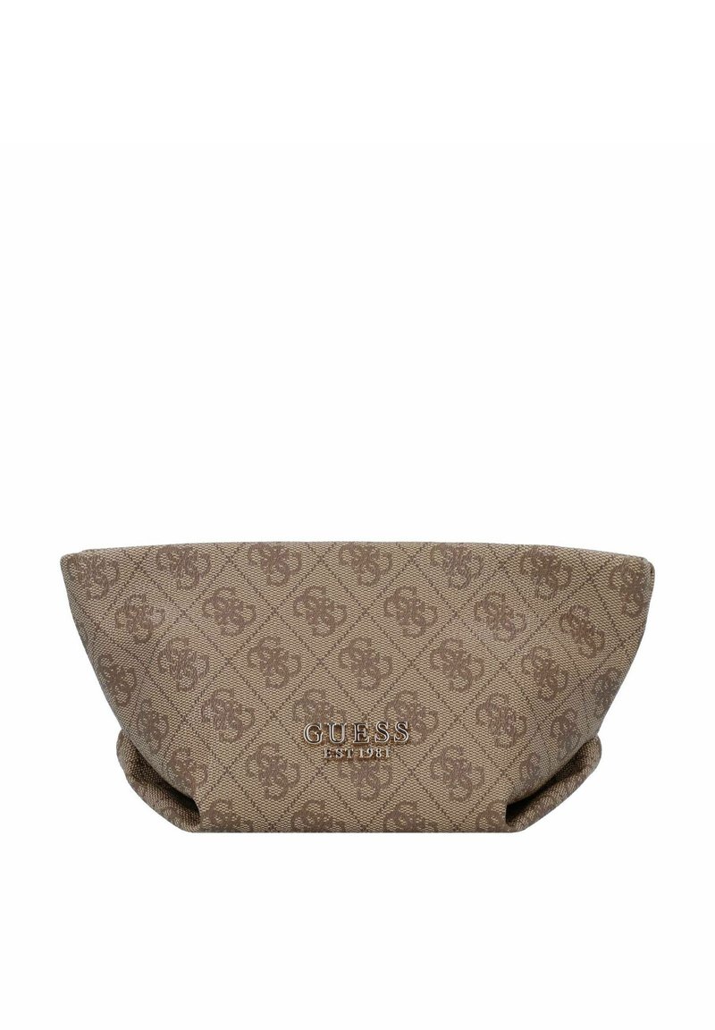 Borsa in tessuto marrone con motivo geometrico, logo impresso e forma strutturata con bordi arrotondati. Design minimalista senza accessori metallici.