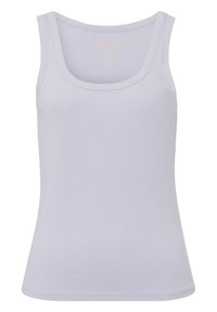 Jasnolawendowy top bez rękawów o prążkowanej fakturze, z szerokimi ramiączkami i okrągłym dekoltem. Posiada dyskretną złotą logo na górze na środku.