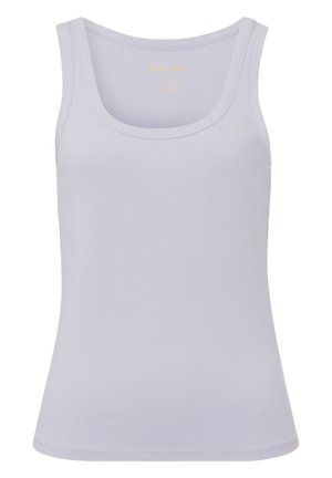 Jasnolawendowy top bez rękawów o prążkowanej fakturze, z szerokimi ramiączkami i okrągłym dekoltem. Posiada dyskretną złotą logo na górze na środku.