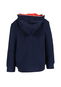Marineblauer Kapuzenpullover mit rotem Innenfutter und Kordelzugkapuze. Mit geripptem Saum und Bündchen ausgestattet, bietet er eine lässige, bequeme Passform.
