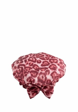 Pink satin shower cap with dark red leopard print pattern and a bow detail at the back.