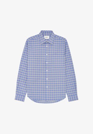 Chemise à carreaux bleue et jaune avec manches longues, une patte de boutonnage à l'avant et un empiècement dans le dos. Fabriquée dans un tissu léger à texture lisse.