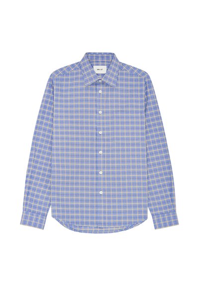 Niebiesko-żółta koszula w kratę z długimi rękawami, zapinana na guziki z przodu i z karczkiem z tyłu. Wykonana z lekkiego materiału o gładkiej fakturze.