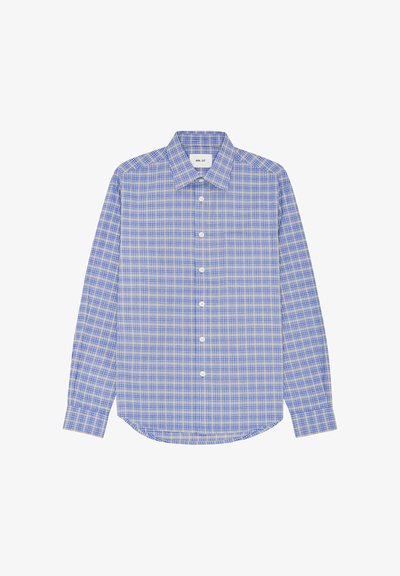 Niebiesko-żółta koszula w kratę z długimi rękawami, zapinana na guziki z przodu i z karczkiem z tyłu. Wykonana z lekkiego materiału o gładkiej fakturze.