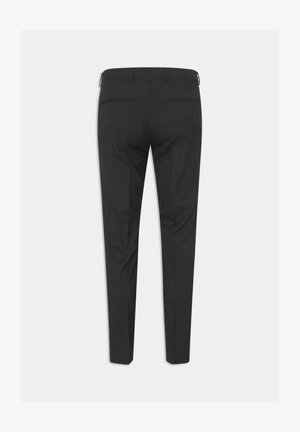 Pantaloni tailored grigio scuro con un design aderente, texture liscia e senza motivi visibili. Presentano due tasche posteriori e una silhouette snella.
