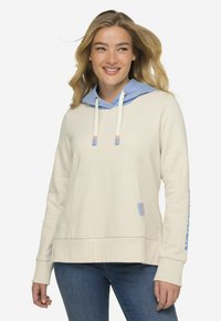 Lyse beige hoodie med hætte og snore i blå, med en frontlomme og tekstdetaljer på ærmet. Blødt stof, afslappet pasform.
