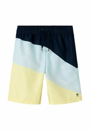 Herre badeshorts med farveblokke i marineblå, lyseblå og sart gul samt en sort snor i taljen.
