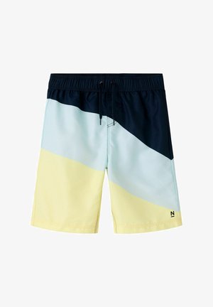 Shorts de bain pour hommes avec des blocs de couleur bleu marine, bleu clair et jaune pâle, et une ceinture à cordon noir.