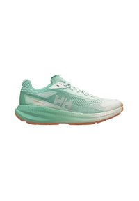Lekkie buty do biegania w miętowym zielonym i białym kolorze, z oddychającą siateczkową cholewką, wyściełanym kołnierzem i gumową podeszwą dla lepszej przyczepności.