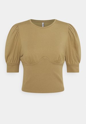 Khaki krótki top wykonany z miękkiego materiału, z krótkimi bufkami, okrągłym dekoltem i dopasowanym korpusem z delikatnym marszczeniem w okolicy biustu.