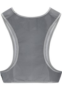 Grå andningsbar nät säkerhetsväst med reflexkanter och breda ärmhål, utformad för hög synlighet och komfort.