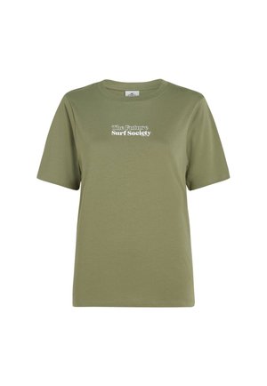 Olive green cotton t-shirt with short sleeves, round neckline, and white text reading “The Future Surf Society” on the front.
