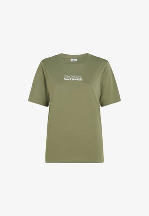 Olive green cotton t-shirt with short sleeves, round neckline, and white text reading “The Future Surf Society” on the front.