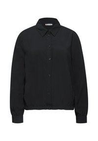 Sort skjorte med knapper, krave, lange ærmer og elastisk kant. Fremstillet af glat stof med en afslappet pasform og uden synlige mønstre.