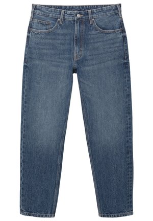 Jeans din denim albastru cu un design dreaptă, cinci buzunare și cusături contrastante. Țesătura are o ușoară textură și un finisaj decolorat.