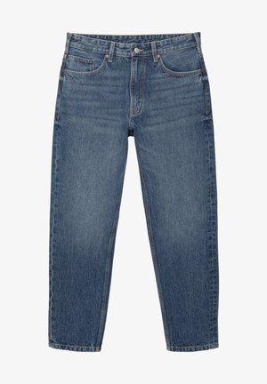 Jeans in denim blu con un design a gamba dritta, cinque tasche e cuciture a contrasto. Il tessuto presenta una leggera trama e una finitura sbiadita.