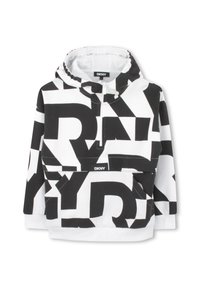 Zwart-witte hoodie met een half-rits ontwerp, een groot grafisch patroon en een voorkantzak. Het materiaal lijkt zacht en gestructureerd.