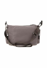 Sac d'épaule en tissu gris avec fermeture éclair, sangle réglable et poche latérale, présentant une texture lisse et un design minimaliste.