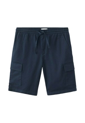 Pantaloncini casual blu navy con fascia elastica in vita, coulisse, tasche laterali e tasche cargo su sfondo bianco.