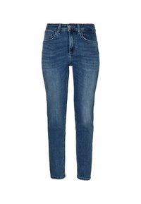 Úzké džíny ve středně modrém denimu s vysokým pasem, klasickým pětipocket designem a jemnými skvrnami na nohavicích.