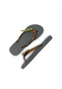 Gray flip-flops with a textured footbed, brown straps featuring a green lizard accent on each, and durable rubber material.
