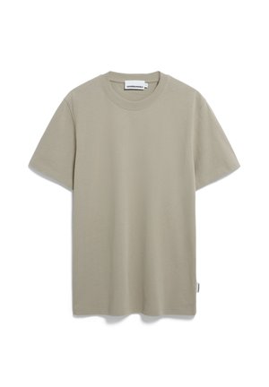 Khaki katoenen t-shirt met een ronde halslijn en korte mouwen, met een rechte snit en een klein merketiket aan de zijkant.