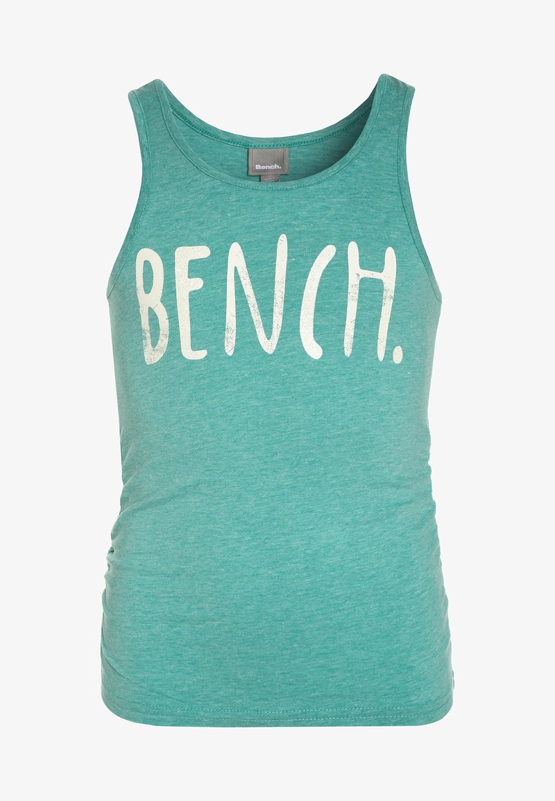Débardeur vert sans manches avec un grand texte blanc "BENCH." imprimé sur la poitrine et une étiquette de la marque Bench au niveau de l'encolure.