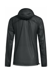 Lightweight black jacket with a hood, long sleeves, and a drawstring at the hem. Features subtle front detailing and a smooth, matte texture.
