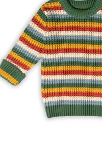 Strickpullover mit grünem Kragen, ausgestattet mit horizontalen Streifen in Rot, Gelb, Blau und Weiß; gerippte Textur und Bündchen.