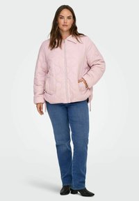 Rosa gesteppte Jacke mit Reißverschluss, Seitentaschen und klassischem Kragen. Kombiniert mit blauen Jeans und schwarzen Stiefeln.