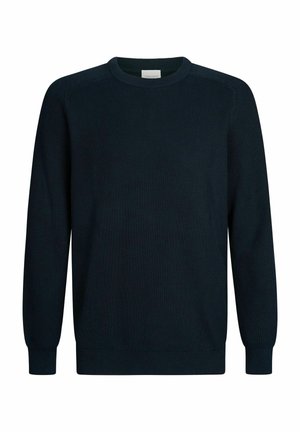 Marineblauer Strickpullover mit geripptem Muster, Rundhalsausschnitt und langen Ärmeln. Verfügt über dezente Nähte und einen taillierten Saum für einen modernen Look.