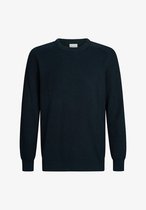 Marineblauer Strickpullover mit geripptem Muster, Rundhalsausschnitt und langen Ärmeln. Verfügt über dezente Nähte und einen taillierten Saum für einen modernen Look.
