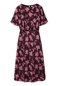 Robe violet foncé, longueur genou, à manches courtes avec motif floral rose, cintrée à la taille, fermeture éclair au dos.