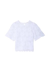 Weißes Spitzenoberteil mit kurzen, schwingenden Ärmeln, rundem Ausschnitt und gewelltem Saum. Das Muster zeigt florale Motive und strukturierte Details.