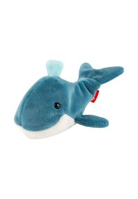 Plush toy whale in blue and light aqua, featuring a soft texture. It has a light blue dorsal fin, black button eyes, and white belly.