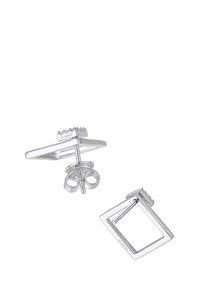 Silberne Manschettenknöpfe mit quadratischer und rechteckiger Form, die über glatte Oberflächen und ein glänzendes Finish verfügen. Enthält eine strukturierte Akzentuierung oben.