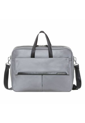 Gray fabric laptop bag with dual handles, shoulder strap, zip closure, front pocket, and subtle branding. Smooth texture and rectangular shape.