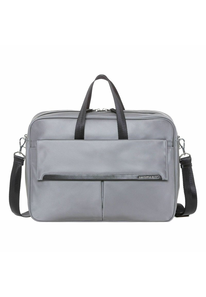 Bolsa de ordenador portátil de tela gris con doble asa, correa para el hombro, cierre de cremallera, bolsillo frontal y un sutil logo. Textura suave y forma rectangular.