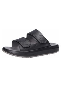 Sandales noires à glissière avec une tige synthétique texturée, deux sangles Velcro réglables et une semelle intérieure rembourrée. Semelle en caoutchouc gris épais pour la stabilité.
