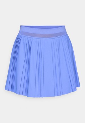 Skladaná sukňa v svetlomodrej tkanine, s textúrovaným pásom s detailom z oka. Dizajn ponúka rozšírený strih.